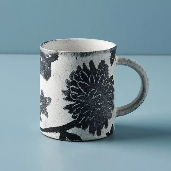 Anthropologie Hayami Flowered Black and White Terracotta Handpainted Mug - Picture 1 of 2
